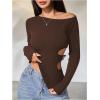 imageMakeMeChic Womens Cut Out Asymmetrical Long Sleeve Tops Fall One Shoulder Hollow Out Slim Fit TopBrown