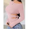 imageMakeMeChic Womens Cut Out Asymmetrical Long Sleeve Tops Fall One Shoulder Hollow Out Slim Fit TopPink