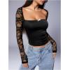 imageMakeMeChic Womens Floral Lace T Shirt Square Neck Long Sleeve Fitted Y2k Crop TopsBlack