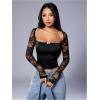 imageMakeMeChic Womens Floral Lace T Shirt Square Neck Long Sleeve Fitted Y2k Crop TopsBlack