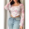 imageMakeMeChic Womens Floral Print Mesh Long Sleeve Square Neck Ruched Tee Shirt Crop TopsWhite and Pink