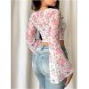 imageMakeMeChic Womens Floral Print Mesh Long Sleeve Square Neck Ruched Tee Shirt Crop TopsWhite and Pink