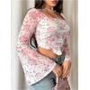imageMakeMeChic Womens Floral Print Mesh Long Sleeve Square Neck Ruched Tee Shirt Crop TopsWhite and Pink