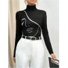 imageMakeMeChic Womens Graphic Print Tee Shirts High Neck Long Sleeve Slim Fit Shirt TopsBlack
