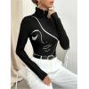 imageMakeMeChic Womens Graphic Print Tee Shirts High Neck Long Sleeve Slim Fit Shirt TopsBlack