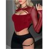 imageMakeMeChic Womens Mesh Top Y2K Rave Top Cut Out Crop Long Sleeve Tie Back Party Tee ShirtsBurgundy