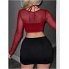 imageMakeMeChic Womens Mesh Top Y2K Rave Top Cut Out Crop Long Sleeve Tie Back Party Tee ShirtsBurgundy
