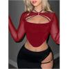 imageMakeMeChic Womens Mesh Top Y2K Rave Top Cut Out Crop Long Sleeve Tie Back Party Tee ShirtsBurgundy