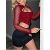 imageMakeMeChic Womens Mesh Top Y2K Rave Top Cut Out Crop Long Sleeve Tie Back Party Tee ShirtsBurgundy