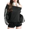 imageMakeMeChic Womens Casual Striped Shirt Off the Shoulder Top Sweatshirt Long Sleeve Y2K Pullover Top Black XLarge