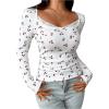 imageMakeMeChic Womens Cherry Print Long Sleeve Square Neck Bow Lace Trim Tee Shirt TopsWhite