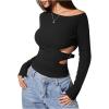 imageMakeMeChic Womens Cut Out Asymmetrical Long Sleeve Tops Fall One Shoulder Hollow Out Slim Fit TopBlack