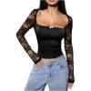 imageMakeMeChic Womens Floral Lace T Shirt Square Neck Long Sleeve Fitted Y2k Crop TopsBlack