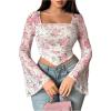 imageMakeMeChic Womens Floral Print Mesh Long Sleeve Square Neck Ruched Tee Shirt Crop TopsWhite and Pink
