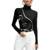 imageMakeMeChic Womens Graphic Print Tee Shirts High Neck Long Sleeve Slim Fit Shirt TopsBlack