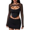 imageMakeMeChic Womens Mesh Top Y2K Rave Top Cut Out Crop Long Sleeve Tie Back Party Tee ShirtsBlack
