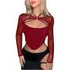 imageMakeMeChic Womens Mesh Top Y2K Rave Top Cut Out Crop Long Sleeve Tie Back Party Tee ShirtsBurgundy