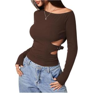 imageMakeMeChic Womens Cut Out Asymmetrical Long Sleeve Tops Fall One Shoulder Hollow Out Slim Fit TopBrown
