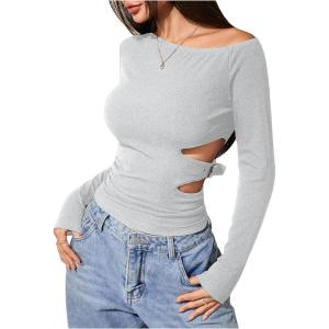imageMakeMeChic Womens Cut Out Asymmetrical Long Sleeve Tops Fall One Shoulder Hollow Out Slim Fit TopGrey
