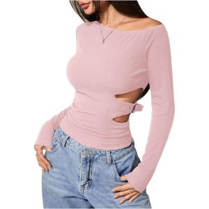 imageMakeMeChic Womens Cut Out Asymmetrical Long Sleeve Tops Fall One Shoulder Hollow Out Slim Fit TopPink