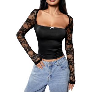 imageMakeMeChic Womens Floral Lace T Shirt Square Neck Long Sleeve Fitted Y2k Crop TopsBlack