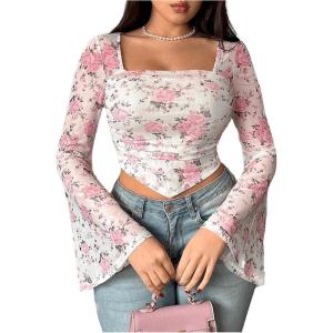 imageMakeMeChic Womens Floral Print Mesh Long Sleeve Square Neck Ruched Tee Shirt Crop TopsWhite and Pink
