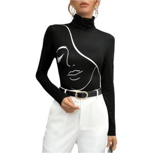 imageMakeMeChic Womens Graphic Print Tee Shirts High Neck Long Sleeve Slim Fit Shirt TopsBlack