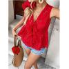 imageMakeMeChic Womens Bow Tie Front Blouse Eyelet Embroidery V Neck Shirt Ruffle Hem Sleeveless Summer Dressy TopsRed