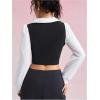 imageMakeMeChic Womens Colorblock V Neck Blouse Collared Button Down Long Sleeve Work Crop TopsBlack and White