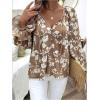 imageMakeMeChic Womens Floral V Neck Blouse Tops Bell Sleeve Button Down Tie Front ShirtBrown