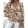 imageMakeMeChic Womens Floral V Neck Blouse Tops Bell Sleeve Button Down Tie Front ShirtBrown