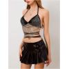 imageMakeMeChic Womens Glitter Sequin Fishnet Halter Tops Y2K Criss Cross Tie Back Crop Party Club Festival Rave TopBlack