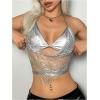 imageMakeMeChic Womens Glitter Sequin Fishnet Halter Tops Y2K Criss Cross Tie Back Crop Party Club Festival Rave TopSilver