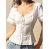 imageMakeMeChic Womens Lace Sweetheart Blouse Linen Button Front Short Sleeve Shirred Shirt TopsWhite