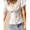 imageMakeMeChic Womens Lace Sweetheart Blouse Linen Button Front Short Sleeve Shirred Shirt TopsWhite