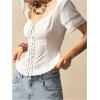 imageMakeMeChic Womens Lace Sweetheart Blouse Linen Button Front Short Sleeve Shirred Shirt TopsWhite