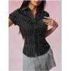 imageMakeMeChic Womens Striped Button Down Shirt Puff Sleeve Collared Fall Work Office Blouse TopBlack