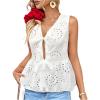 imageMakeMeChic Womens Bow Tie Front Blouse Eyelet Embroidery V Neck Shirt Ruffle Hem Sleeveless Summer Dressy TopsWhite