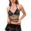imageMakeMeChic Womens Glitter Sequin Fishnet Halter Tops Y2K Criss Cross Tie Back Crop Party Club Festival Rave TopBlack