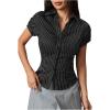imageMakeMeChic Womens Striped Button Down Shirt Puff Sleeve Collared Fall Work Office Blouse TopBlack