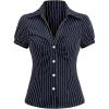 imageMakeMeChic Womens Striped Button Down Shirt Puff Sleeve Collared Fall Work Office Blouse TopBlue