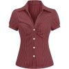 imageMakeMeChic Womens Striped Button Down Shirt Puff Sleeve Collared Fall Work Office Blouse TopRed