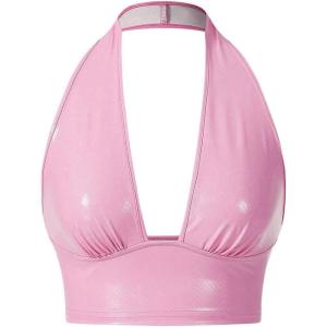 imageMakeMeChic Womens Black Leather Top Party Deep V Neck Sleeveless Backless Crop Halter TopsPink