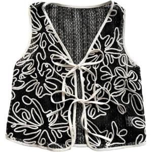 imageMakeMeChic Womens Boho Floral Vests Tie Front V Neck Contrast Binding Sleeveless Outwear Vest TopBlack and White
