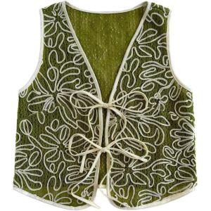 imageMakeMeChic Womens Boho Floral Vests Tie Front V Neck Contrast Binding Sleeveless Outwear Vest TopGreen