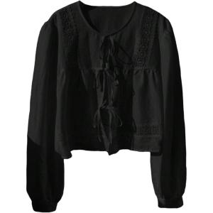 imageMakeMeChic Womens Boho Top Peplum Long Sleeve Shirt Tie Front Crew Neck Summer BlouseBlack