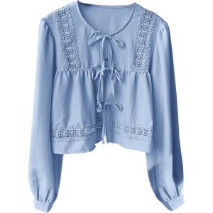 imageMakeMeChic Womens Boho Top Peplum Long Sleeve Shirt Tie Front Crew Neck Summer BlouseBlue