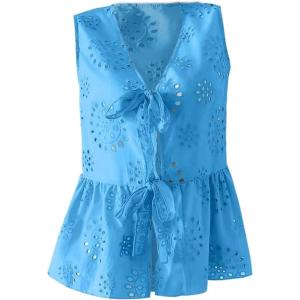 imageMakeMeChic Womens Bow Tie Front Blouse Eyelet Embroidery V Neck Shirt Ruffle Hem Sleeveless Summer Dressy TopsBlue
