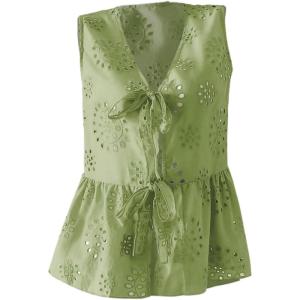 imageMakeMeChic Womens Bow Tie Front Blouse Eyelet Embroidery V Neck Shirt Ruffle Hem Sleeveless Summer Dressy TopsMint Green