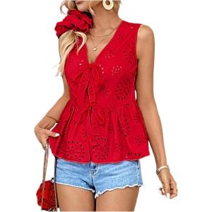 imageMakeMeChic Womens Bow Tie Front Blouse Eyelet Embroidery V Neck Shirt Ruffle Hem Sleeveless Summer Dressy TopsRed